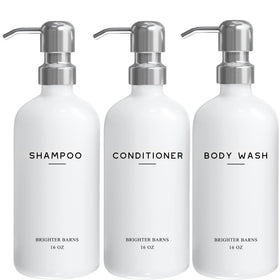 Brighter Barns white shampoo dispenser set with bottles for bathroom organization.