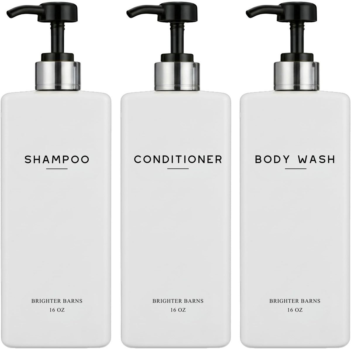 Brighter Barns white shampoo dispenser set packaging showcases gift-ready design for modern bathrooms.
