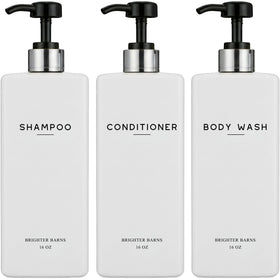 Brighter Barns white shampoo dispenser set packaging showcases gift-ready design for modern bathrooms.