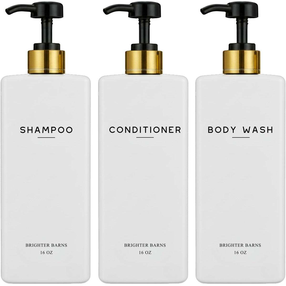 Brighter Barns white shampoo dispenser set with gold pumps for a chic bathroom upgrade.