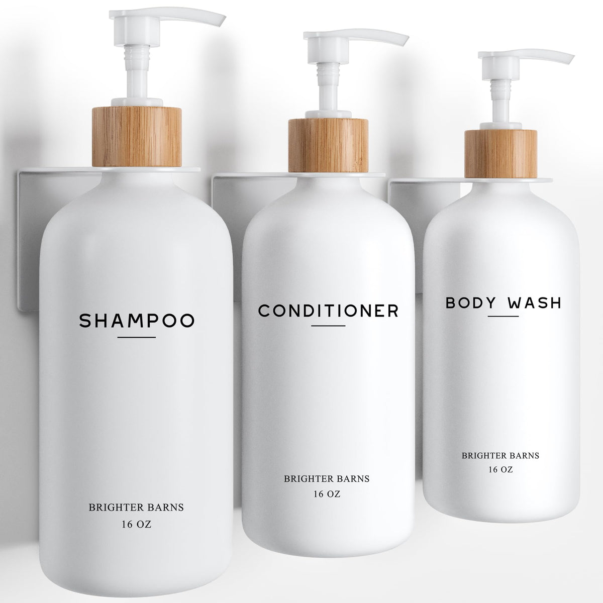 Brighter Barns white shampoo dispenser wall-mounted with 3-chamber design for organized shower storage.