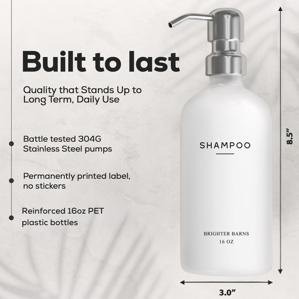 Brighter Barns white shower dispenser on vanity for neat shower setup.