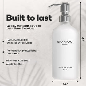 Brighter Barns white shower dispenser on vanity for neat shower setup.