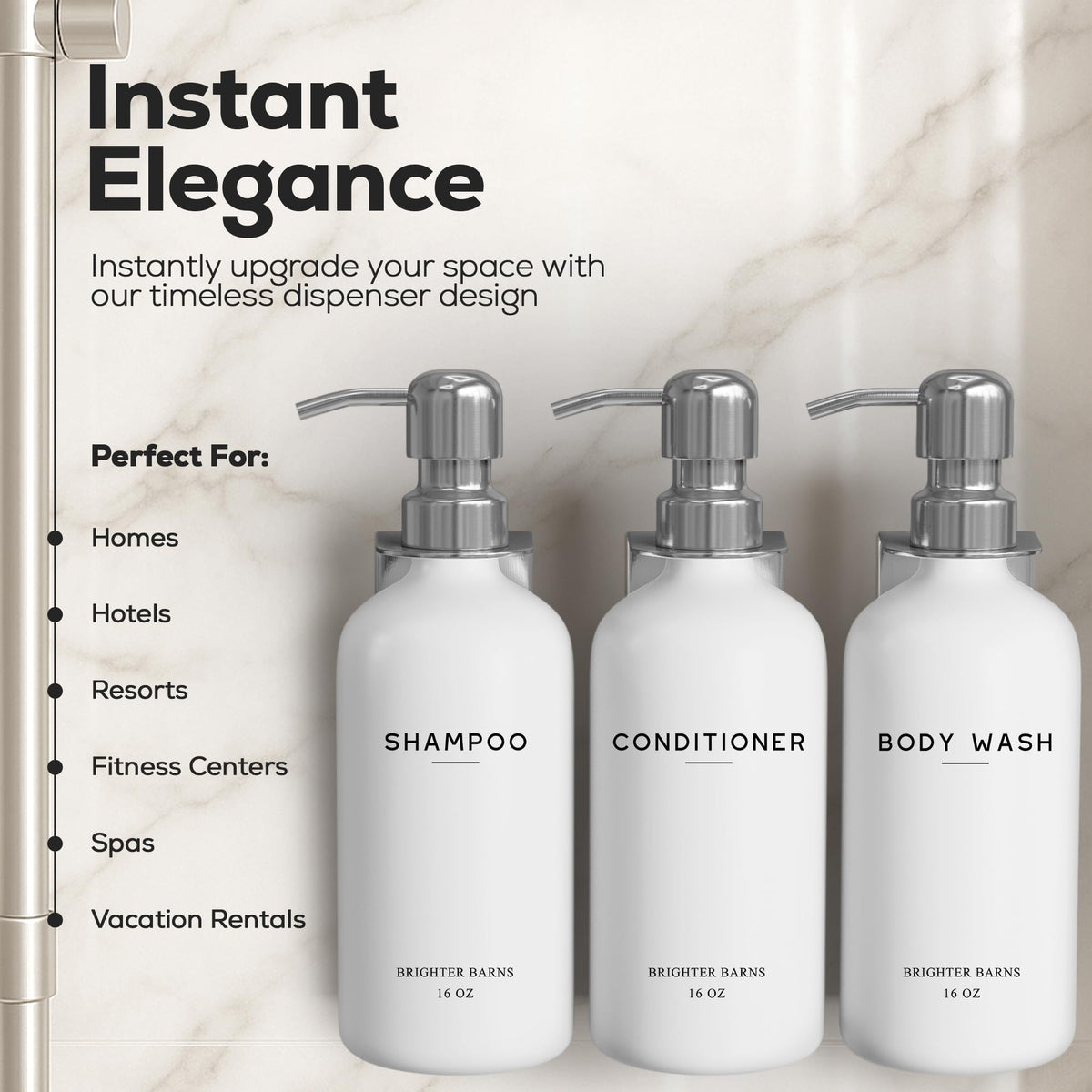 Brighter Barns white shower dispenser trio with drill-free mounts for a stylish guest bathroom.