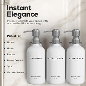 Brighter Barns white shower dispenser trio with drill-free mounts for a stylish guest bathroom.