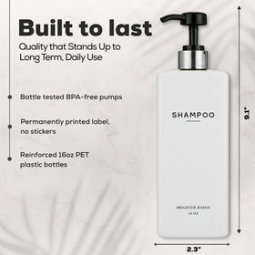 Brighter Barns white-silver shower décor demonstrates neutral bathroom coordination with durable bottles.