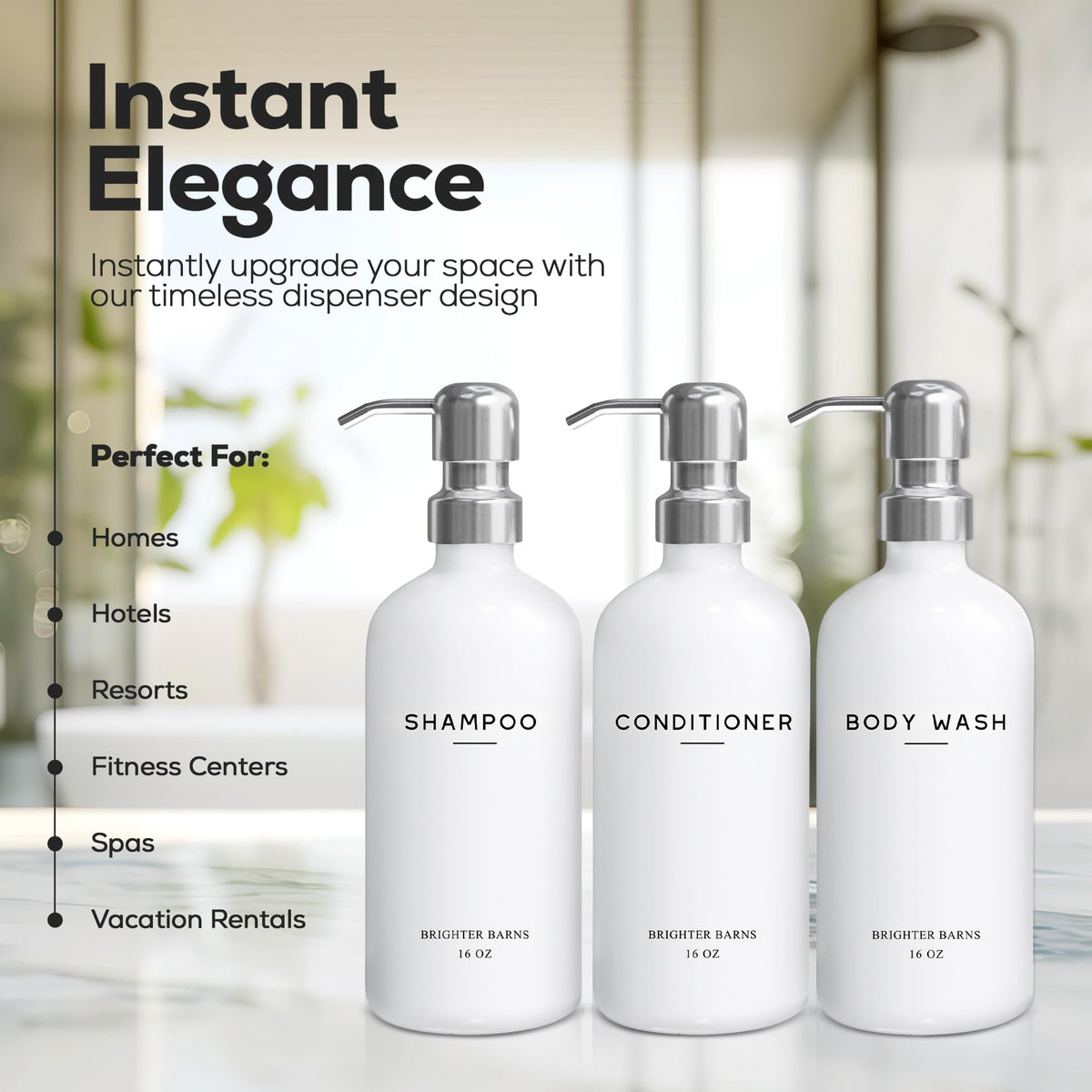 Brighter Barns white dispenser pumps close-up showing stainless steel durability.