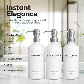 Brighter Barns white dispenser pumps close-up showing stainless steel durability.