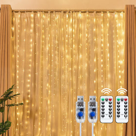 Brightown 300 LED curtain lights draped over curtains for a warm backdrop.