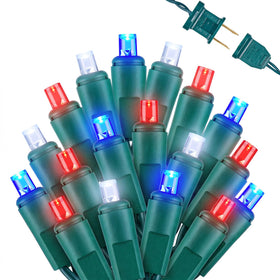 Brightown LED patriotic minis on green wire illuminate outdoor decor.