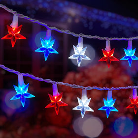 Brightown red-white-blue star string lights over a porch for patriotic decor
