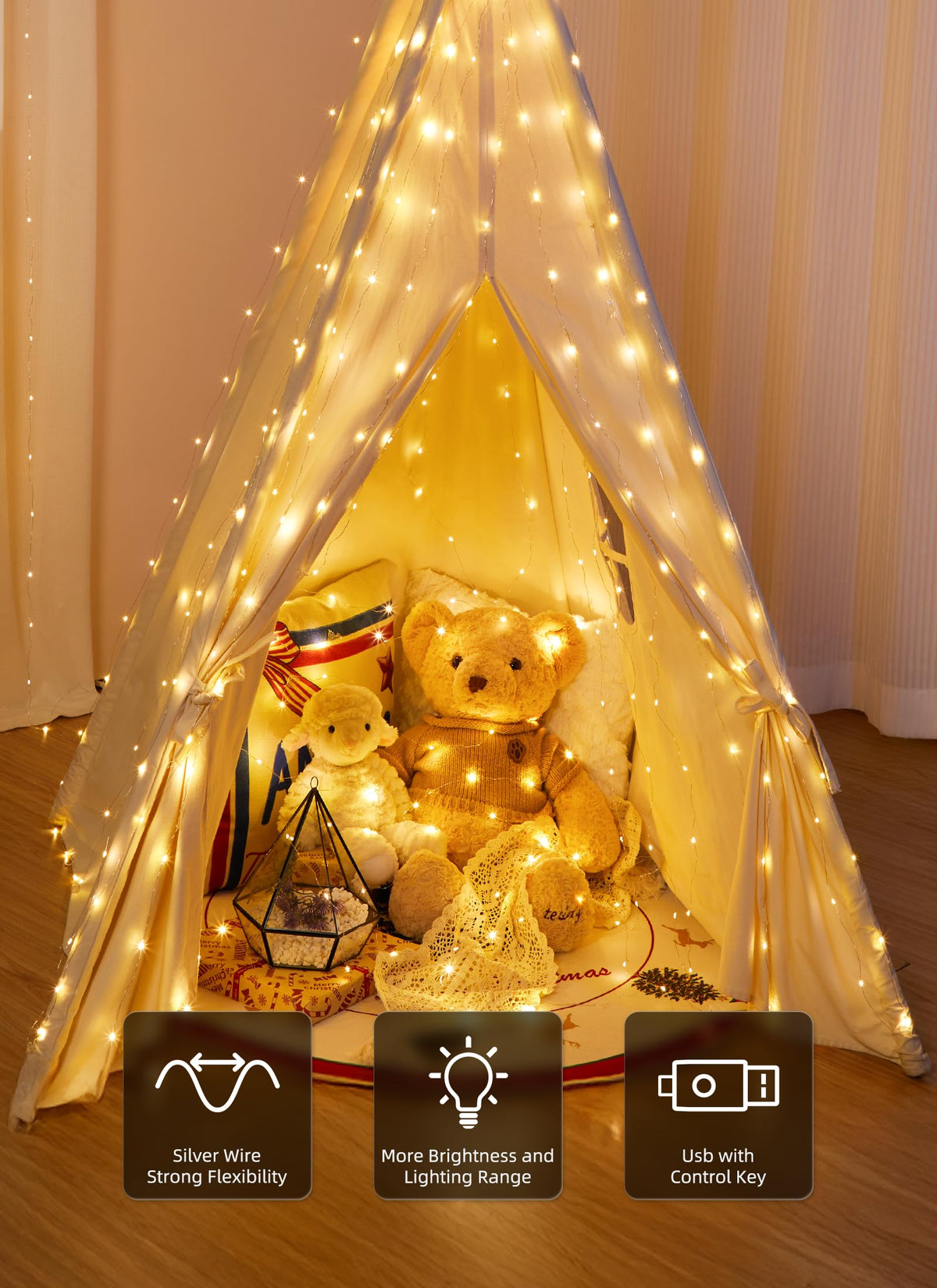 Brightown USB-powered curtain lights with timer for desk or bedside ambiance.