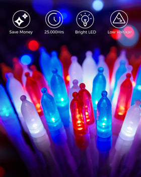 Brightown 50 LEDs per strand illuminate yard in red, white, and blue.
