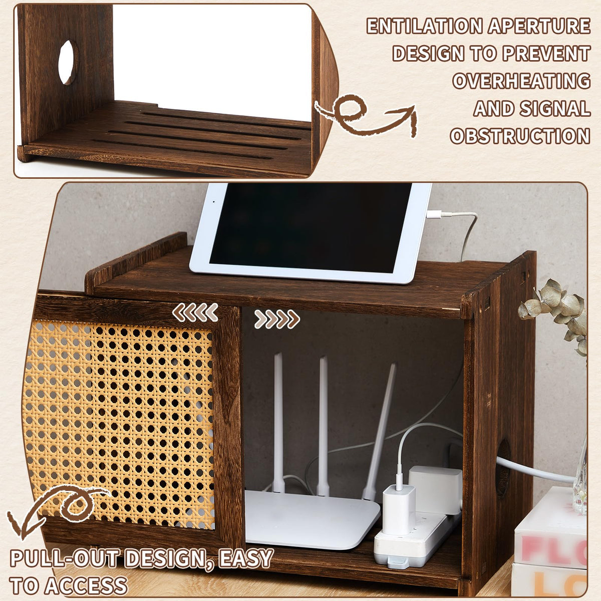 BrightRow synthetic rattan décor router hider blends rustic style with concealment.