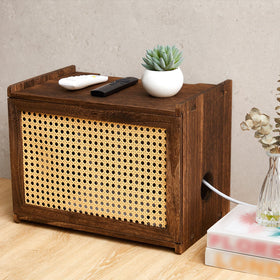 BrightRow Wi-Fi router box hider with dark wood finish conceals cables neatly.