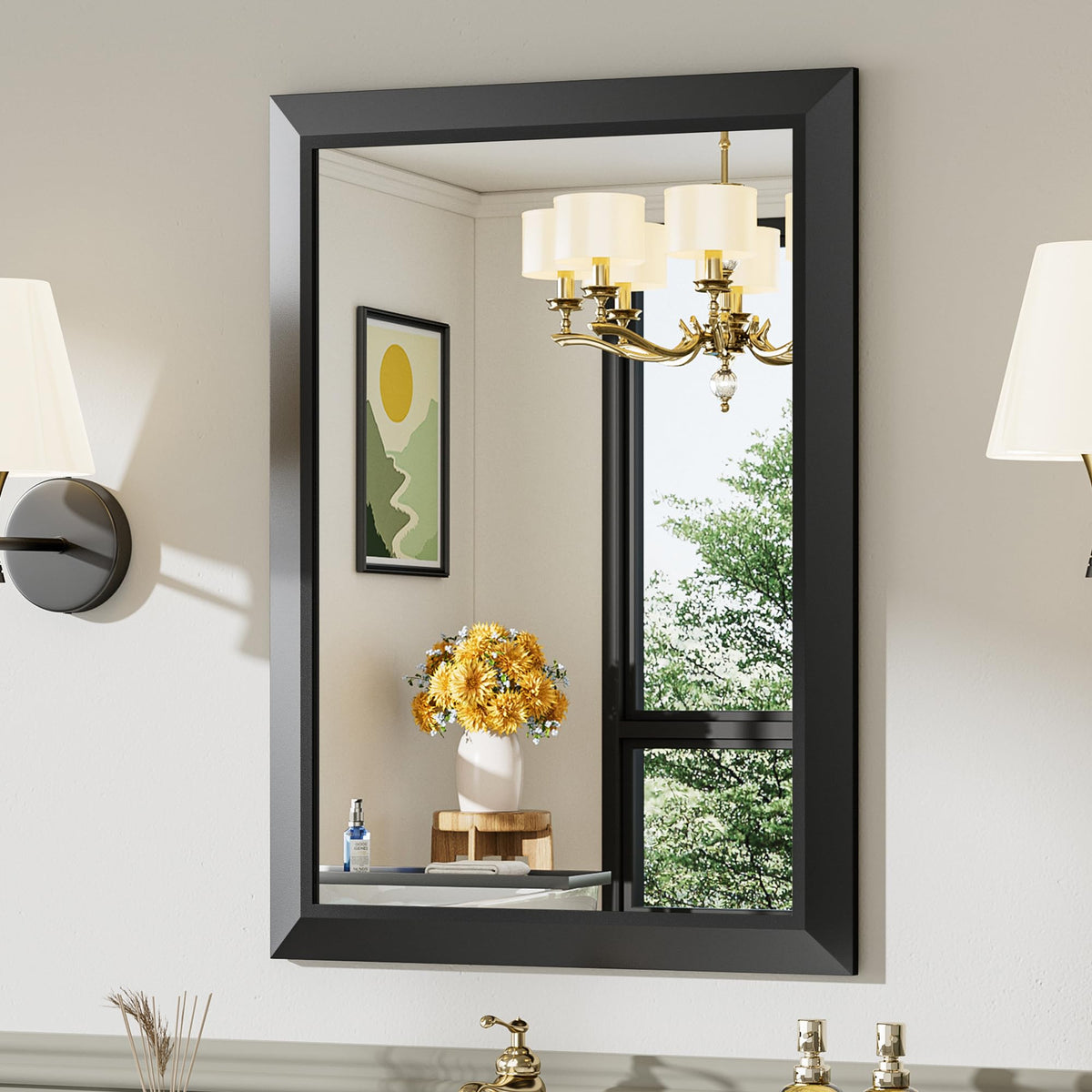 Briivue 22x30 inch black beveled frame mirror over sink for sleek daily reflections