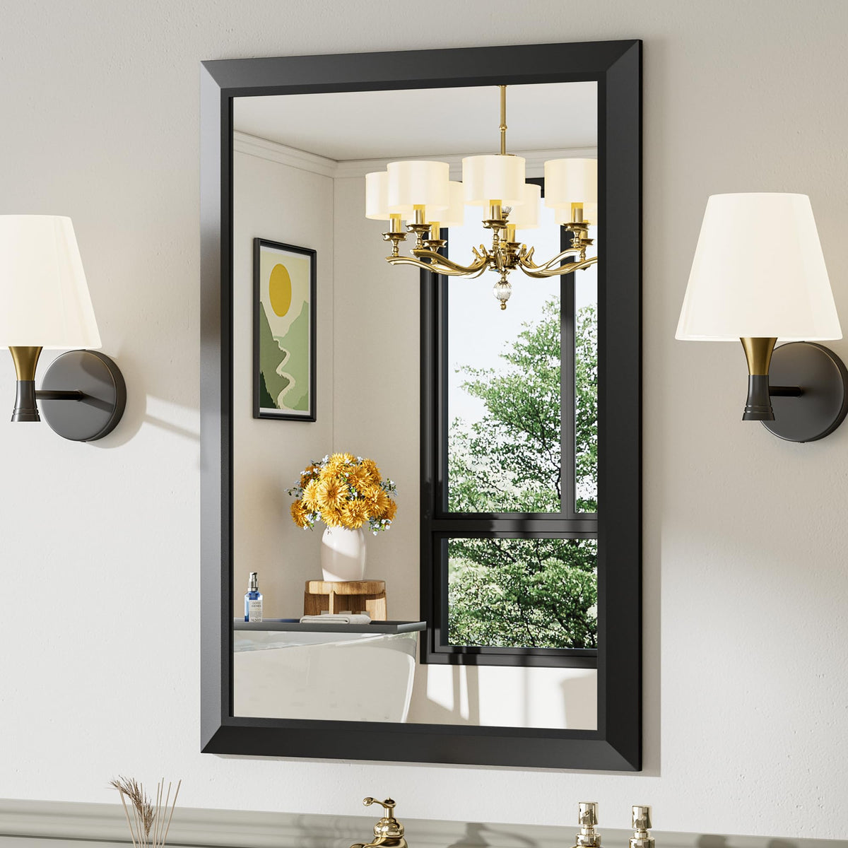 Briivue 24x36 black mirror over sink enhances daily routines with a clean, modern frame.