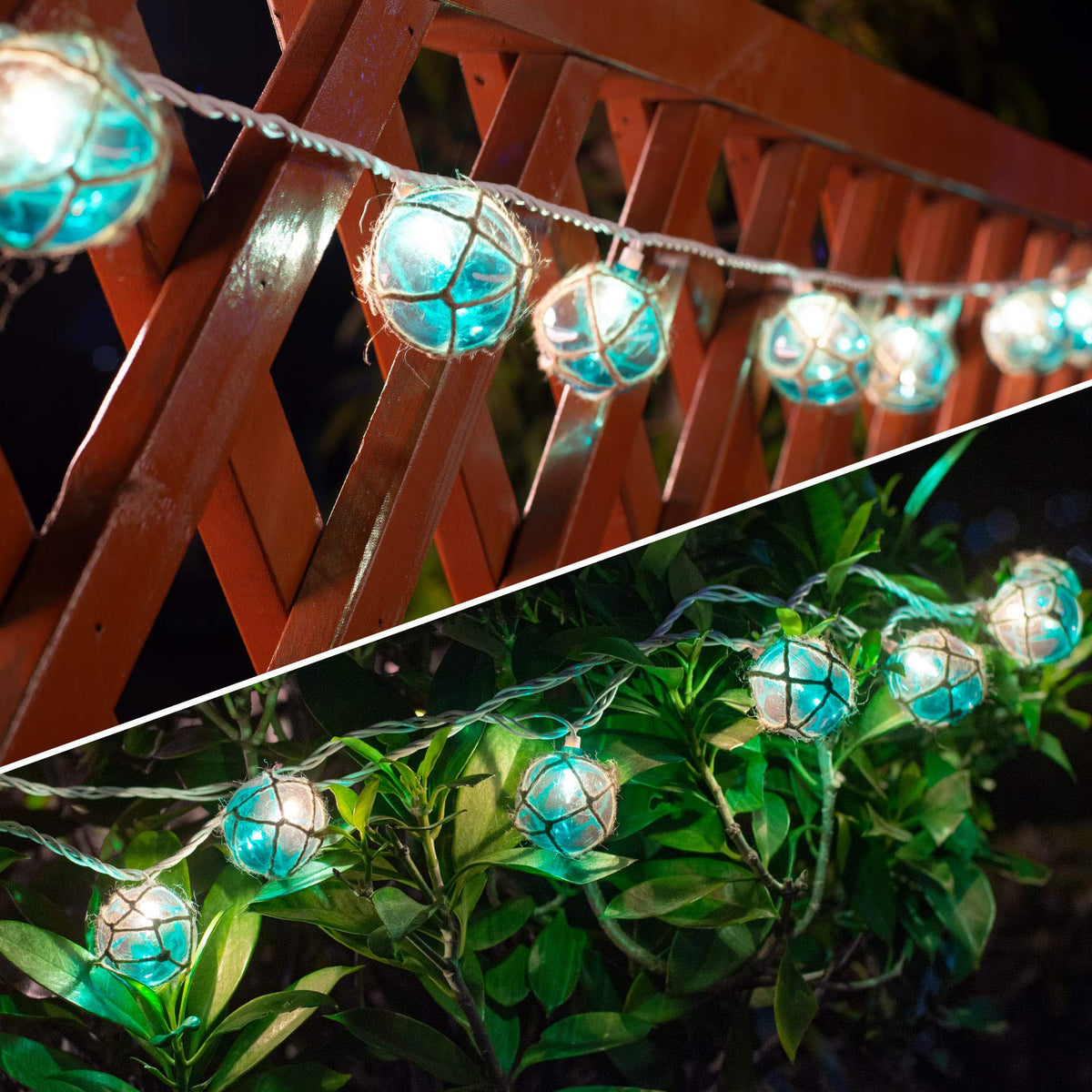 Brillarlights nautical string lights with blue G50 bulbs brighten a beach-themed room.