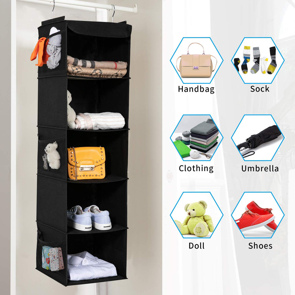BrilliantJo closet storage with five compartments for weekly outfits.