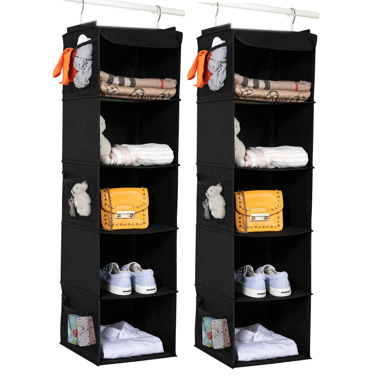 BrilliantJo hanging closet organizer with five shelves for organized outfits.