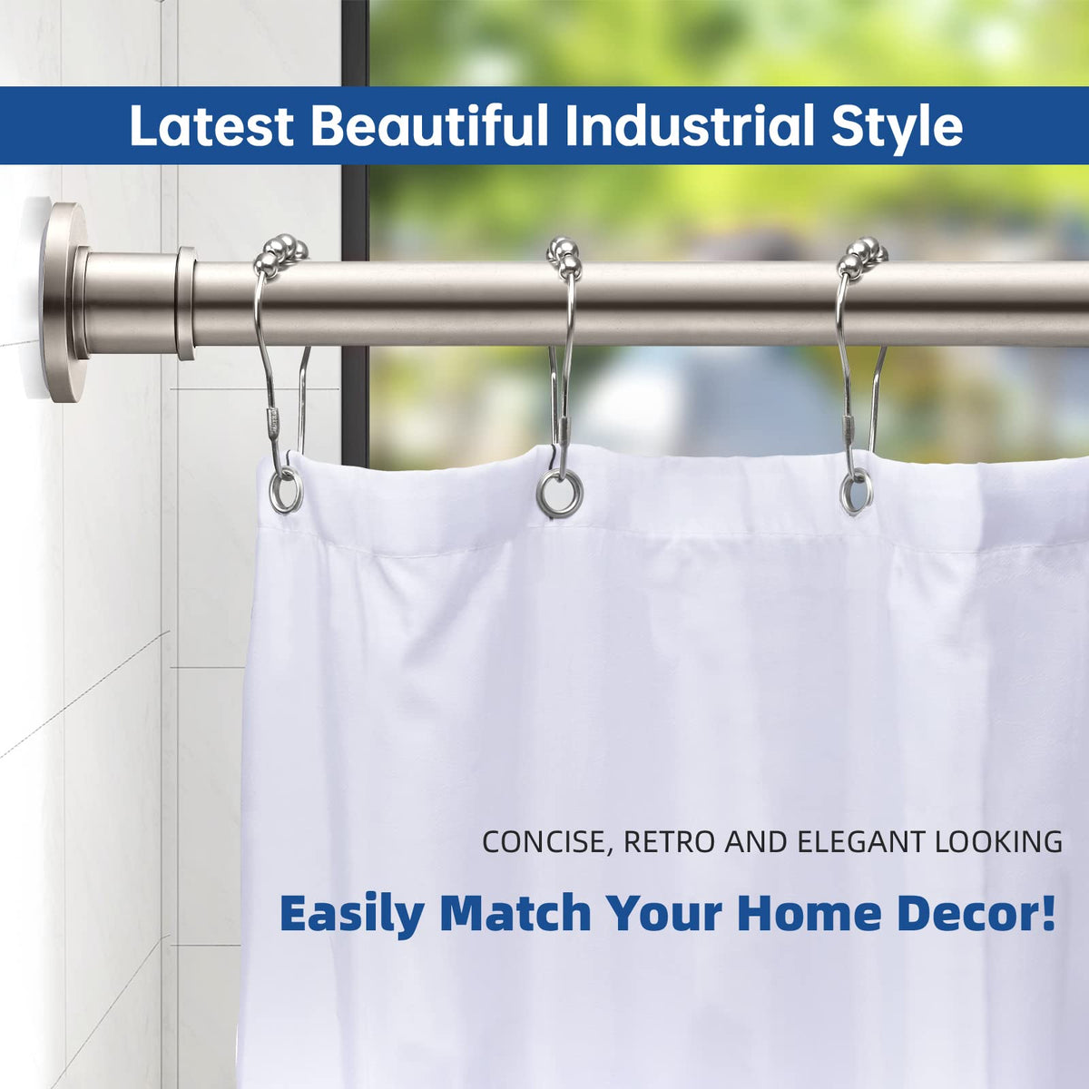 BRIOFOX satin nickel shower rod installed in bathroom demonstrates tool-free mounting