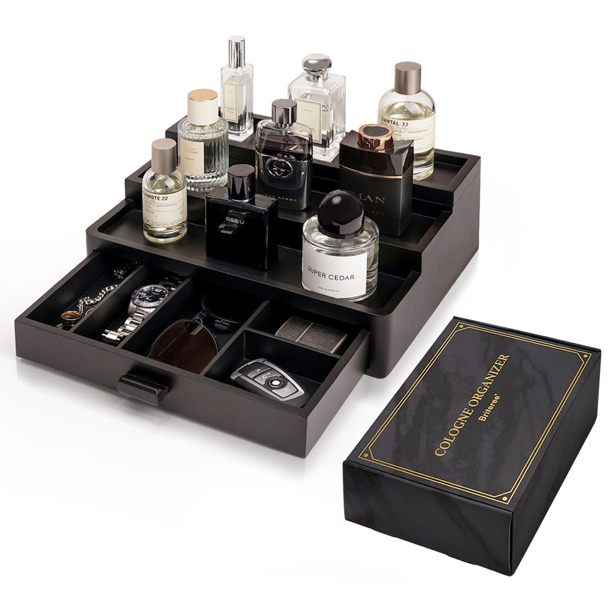 BRITEREE Cologne Organizer 3-tier stand neatly displays bottles on a dresser