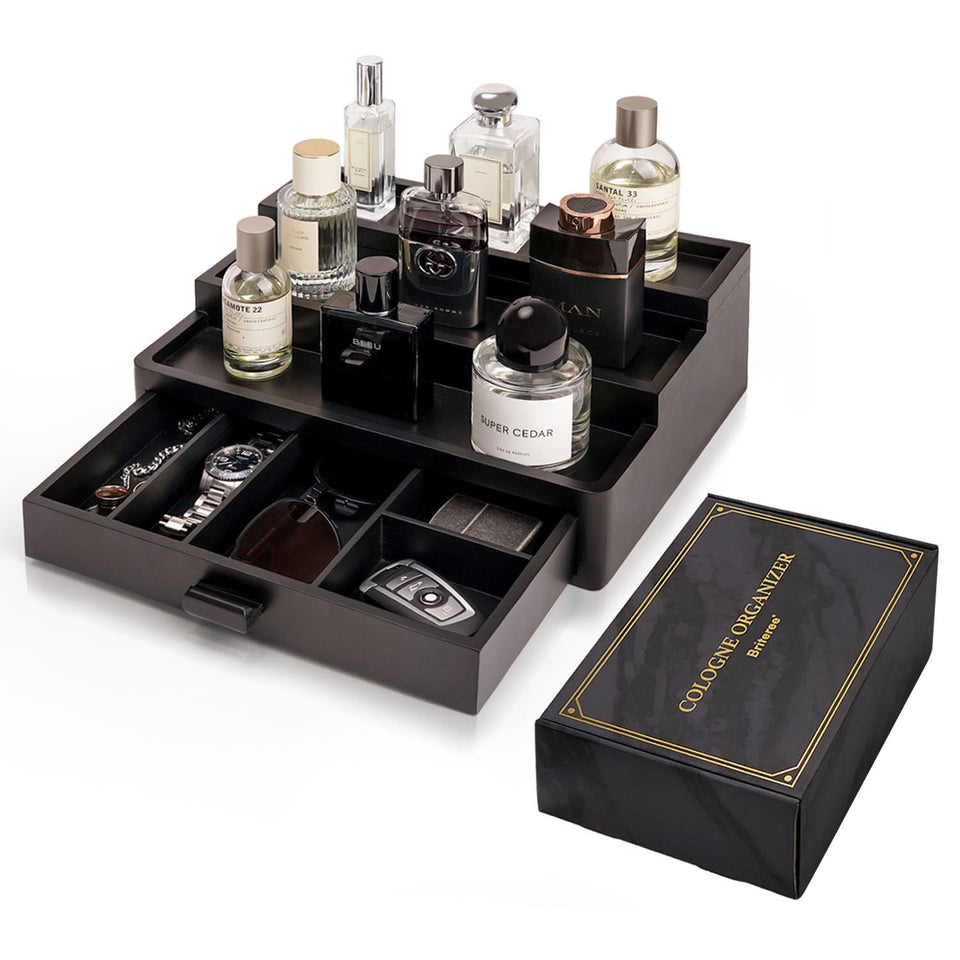 BRITEREE Cologne Organizer 3-tier stand neatly displays bottles on a dresser