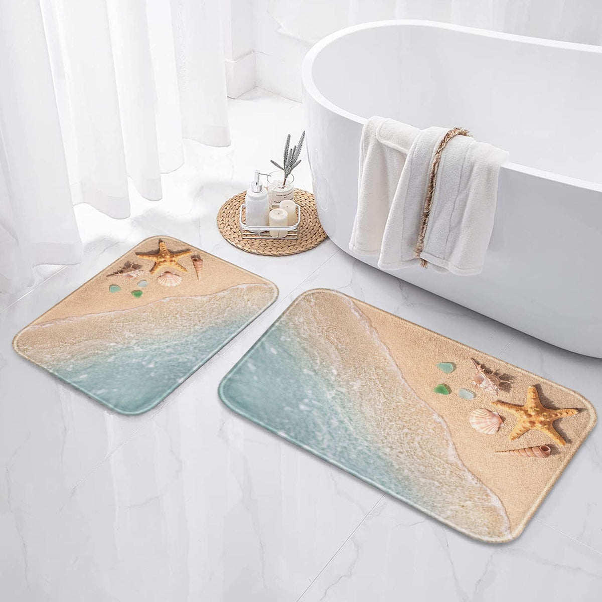 Britimes Beach Starfish Sea Shell Ocean rug bathroom scene demonstrates non-slip backing for safe footing.