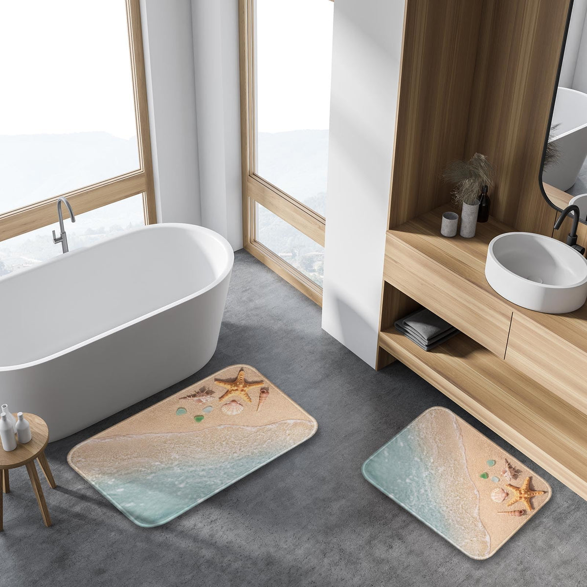 Britimes Beach Starfish Sea Shell Ocean rug care shot promotes machine-washable convenience.