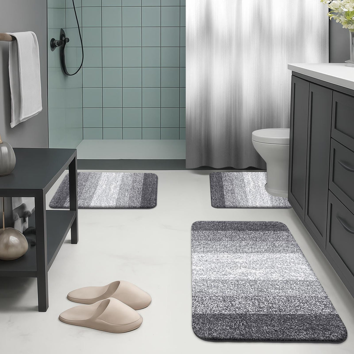 Britimes Grey Stripes waterproof liner with magnetic weights keeps curtain draped neatly.