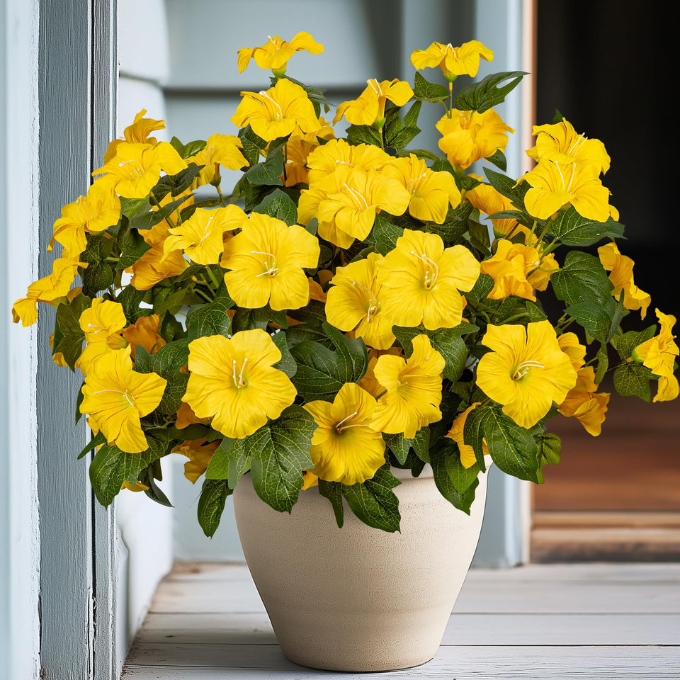 Brlita 19-inch artificial yellow petunias offer vibrant outdoor blooms.
