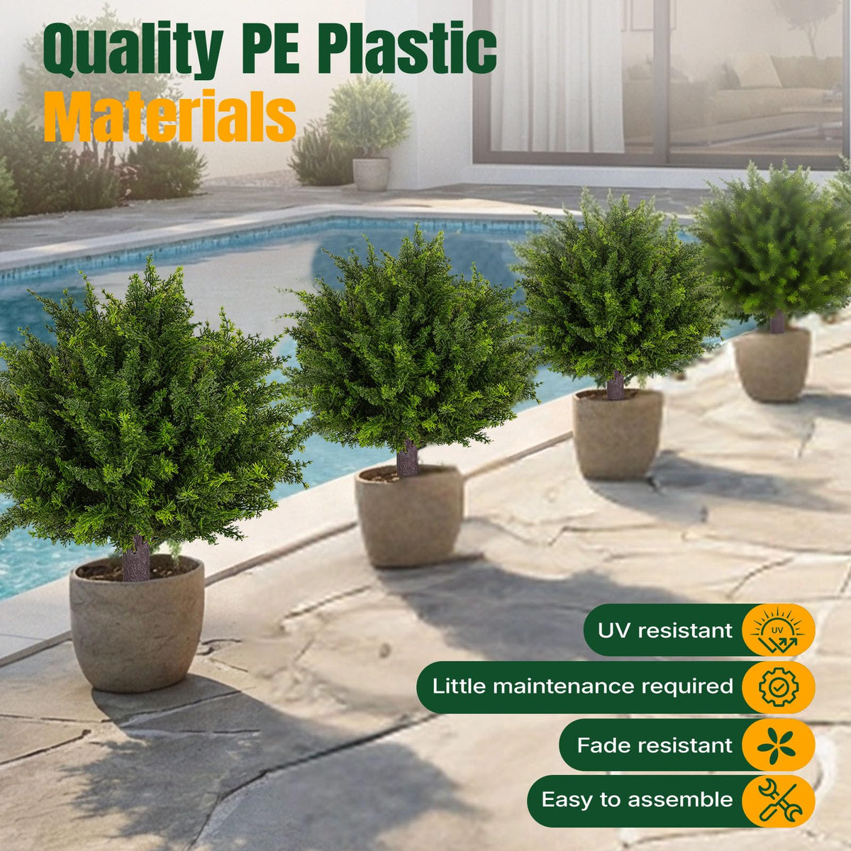 Ground spike on Broiscy topiary cedar tree demonstrates quick, stable installation