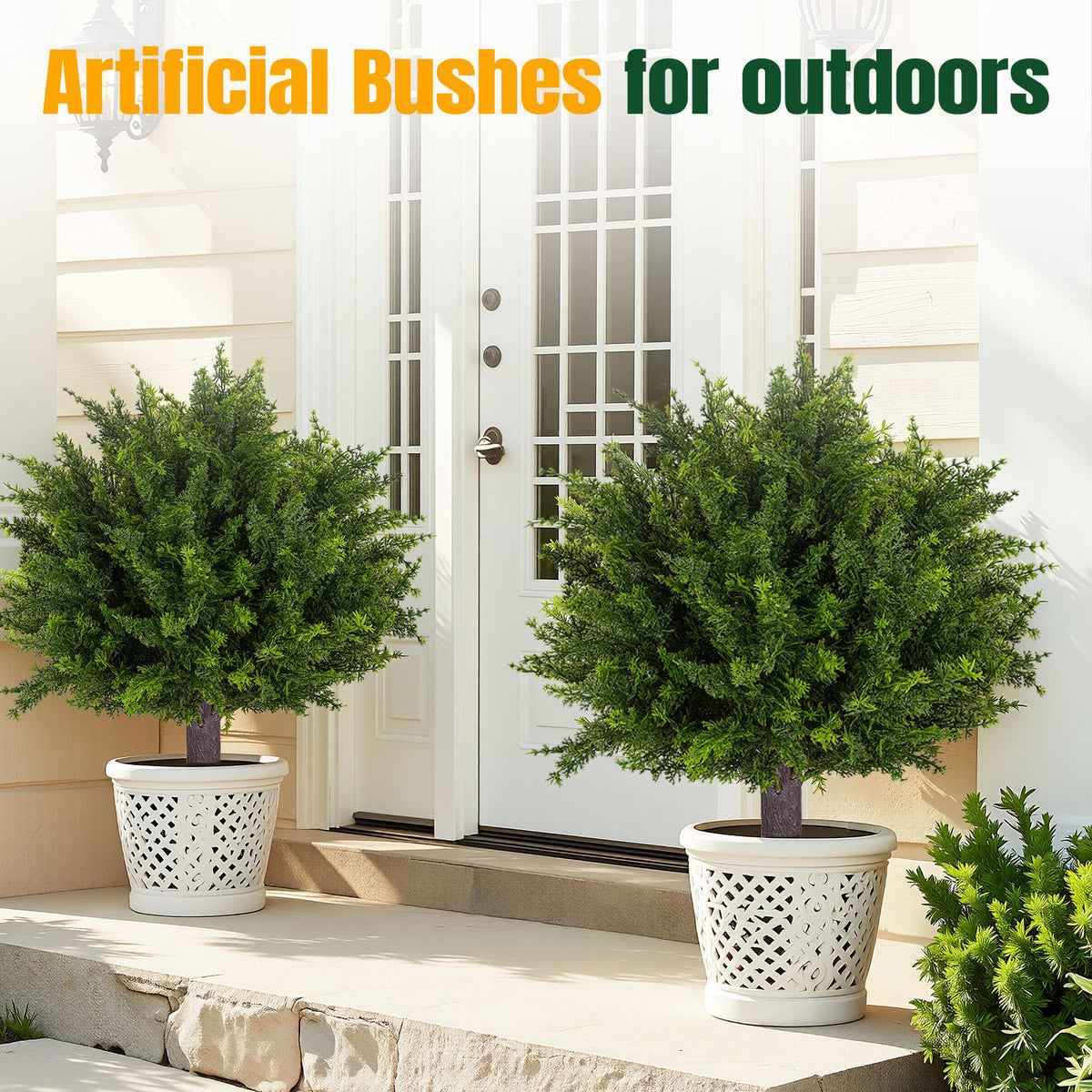 Broiscy topiary cedar tree displayed in planter for elevated porch decor