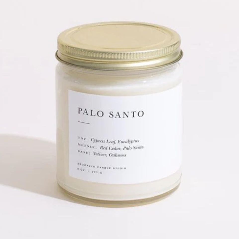 Brooklyn Candle Studio Palo Santo jar candle with cedar and eucalyptus notes warms any room
