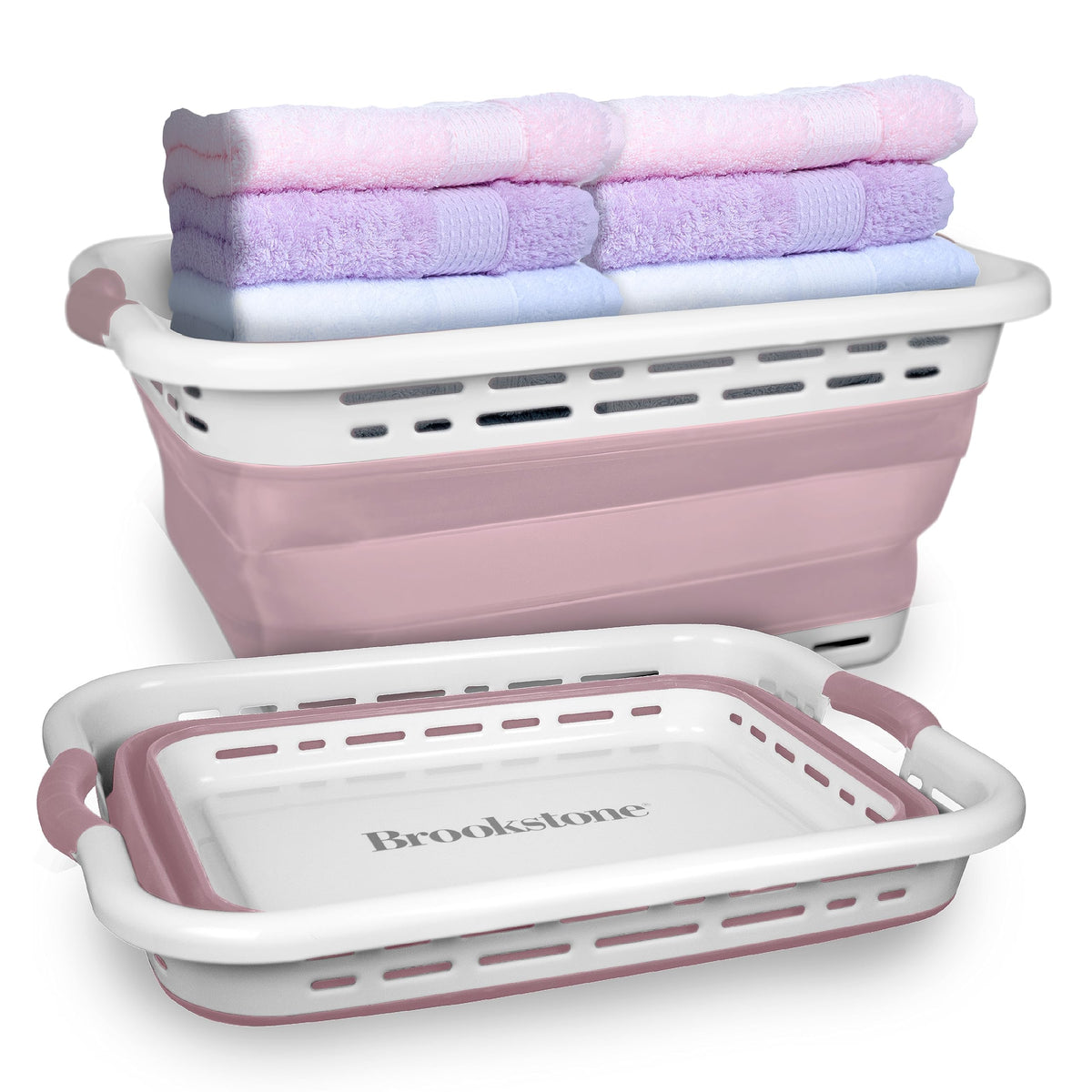 Brookstone 11 gallon XL collapsible basket folded for compact storage.