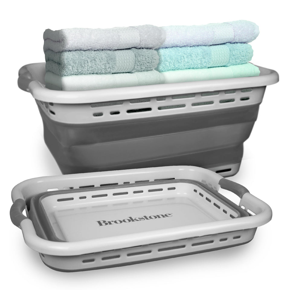 Brookstone 11 Gallon XL collapsible laundry basket, fully assembled for easy organization.