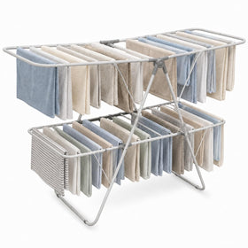 Brookstone 2-tier folding drying rack for indoor and outdoor use.