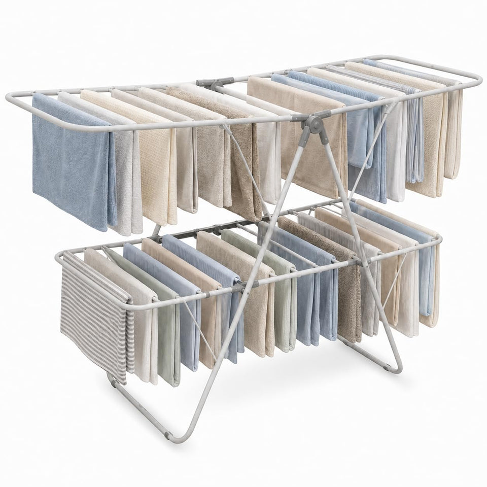 Brookstone 2-tier folding drying rack for indoor and outdoor use.