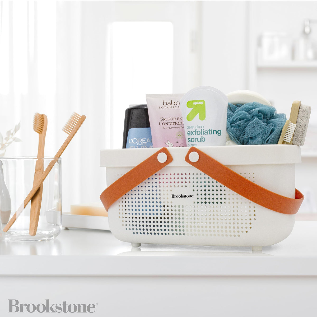 Brookstone BPA-free plastic caddy ensures safe bathroom storage.