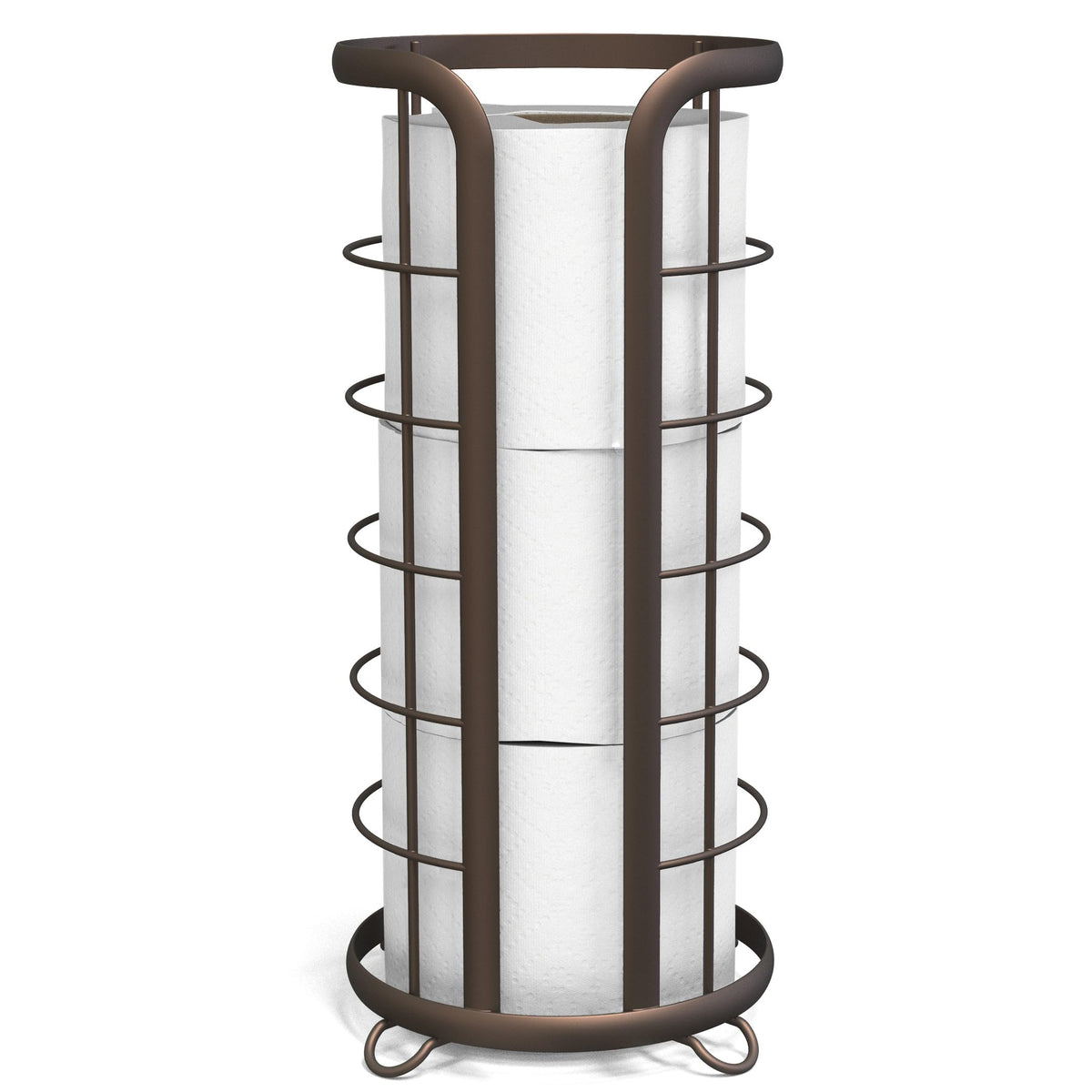 Brookstone bronze toilet paper stand front view showcasing sleek storage solution for busy bathrooms.