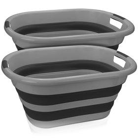 Brookstone collapsible laundry basket set folded for compact storage.
