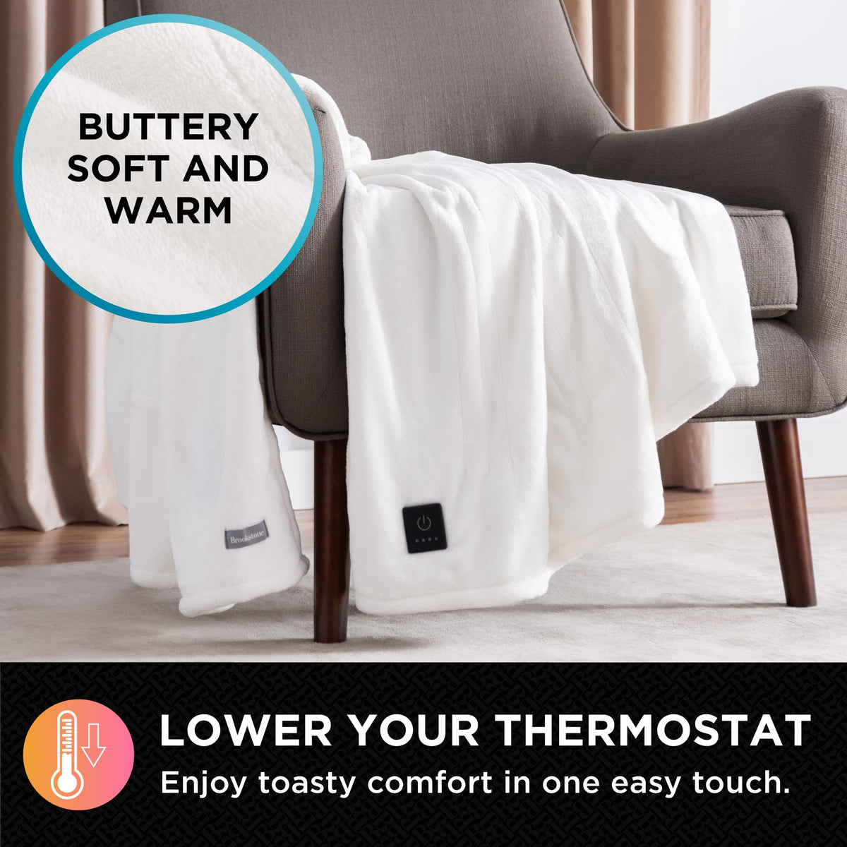 Brookstone heated plush throw ivory 50x60 displayed folded for easy use.