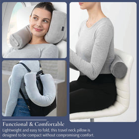 Brookstone Free Form Travel Pillow curved option supports side sleeping in tight seating.