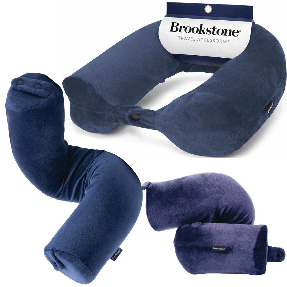 Brookstone Free Form Travel Pillow folded compact for easy packing and on-the-go support.