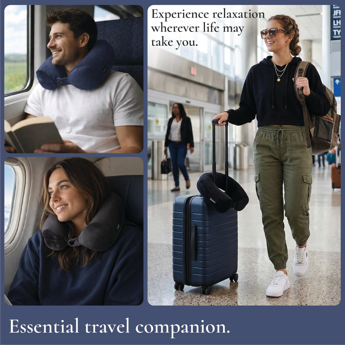 Brookstone Free Form Travel Pillow with snap closure attaches to bags for hands-free travel.