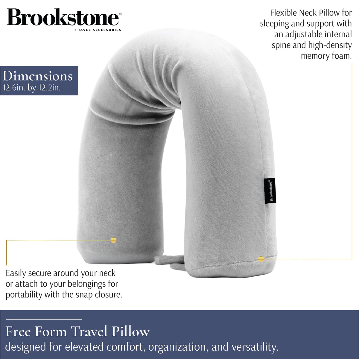 Brookstone Free Form Travel Pillow shows U-shape setup for personalized upright sleep during flights.