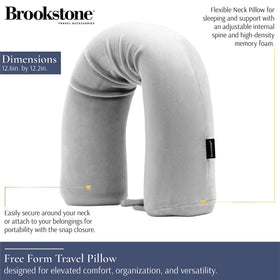 Brookstone Free Form Travel Pillow shows U-shape setup for personalized upright sleep during flights.