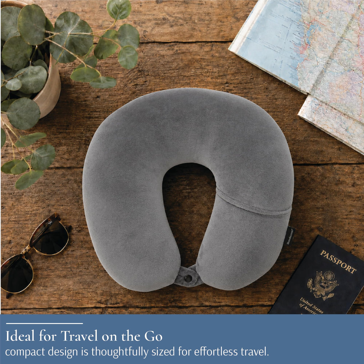 Brookstone microbead neck pillow on luggage with snap closure