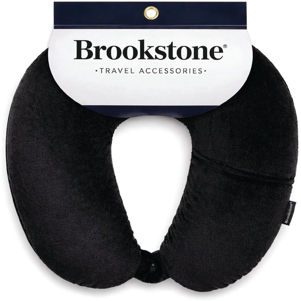 Brookstone microbead neck pillow with built-in pocket for phone storage during travel.