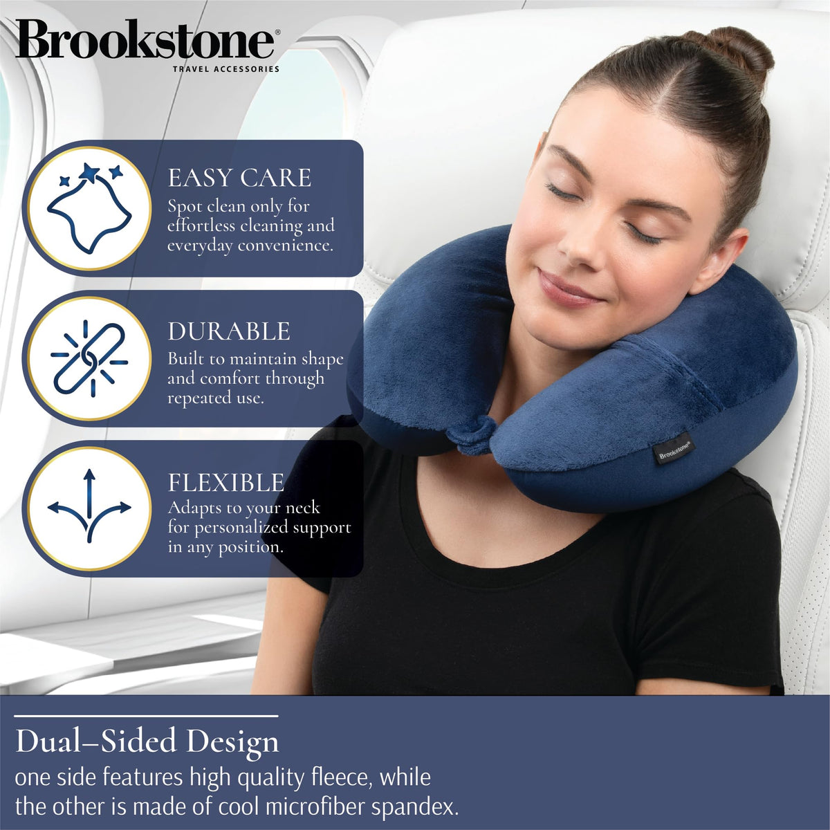 Brookstone Microbead Neck Pillow: pocket open reveals built-in storage for phone or headphones.